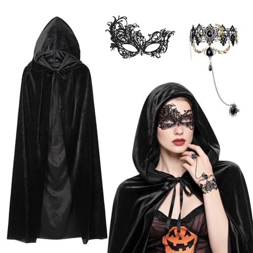 3er Schwarzer Umhang mit Kapuze Set,140/150/170cm Halloween Umhang Samt mit Maske & Gothic Finger Kette Vampir Umhang Damen Darth Vader Mittelalter Cape Vampire Kostüm für Karneval Fasching Partys 3er Schwarzer Umhang mit Kapuze Set,140/150/170cm Halloween Umhang Samt mit Maske & Gothic Finger Kette Vampir Umhang Damen Darth Vader Mittelalter Cape Vampire Kostüm für Karneval Fasching Partys von KYOEOE
