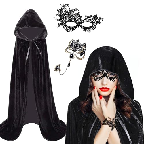 3er Schwarzer Umhang mit Kapuze Set,140/150cm Halloween Umhang Samt mit SpitzeMaske & Gothic Finger Kette Vampir Umhang Damen Darth Vader Mittelalter Cape Vampire Kostüm für Karneval Fasching Partys von KYOEOE