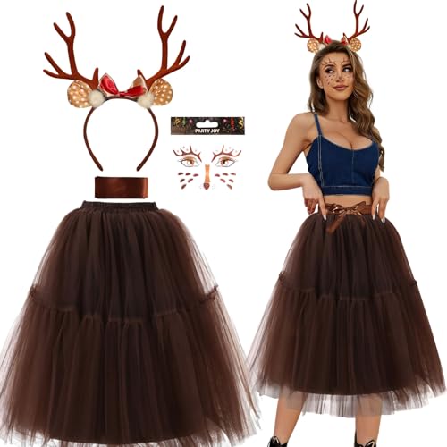 Reh Kostüm Damen,4er Hirsch Kostüm Rentier Haarreif mit Braun Tüllrock Reh Gesichtstattoo Glitter,Geweih Kostüm Damen Rehkostüm Accessoires für Fasching Karneval Halloween Weihnachten Cosplay Reh Kostüm Damen,4er Hirsch Kostüm Rentier Haarreif mit Braun Tüllrock Reh Gesichtstattoo Glitter,Geweih Kostüm Damen Rehkostüm Accessoires für Fasching Karneval Halloween Weihnachten Cosplay von KYOEOE