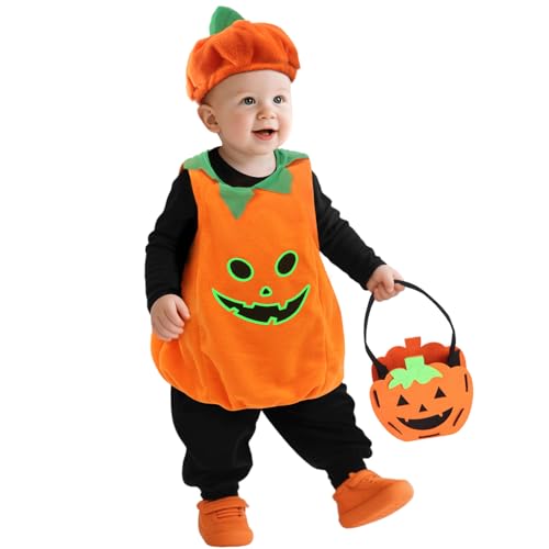 Halloween Kostüm Baby - Glow in The Dark Kürbis Kostüm Kinder mit Hut & SüßIgkeiten Tasche,1-3 Jahre Kürbiskostüm Baby Junge Mädchen Pumpkin Costume Kleinkind Halloween Karneval Fasching Kostüme von KYOEOE