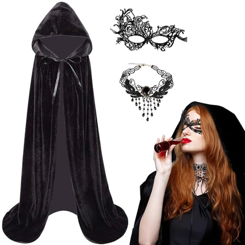 Halloween Umhang Damen mit Maske & Halskette,3er Samt Schwarzer Umhang mit Kapuze Set 140/150cm Halloween Kostüm Vampir Umhang Schwarz Cape Mantel für Halloween Karneval Cosplay Party Maskerade Halloween Umhang Damen mit Maske & Halskette,3er Samt Schwarzer Umhang mit Kapuze Set 140/150cm Halloween Kostüm Vampir Umhang Schwarz Cape Mantel für Halloween Karneval Cosplay Party Maskerade von KYOEOE
