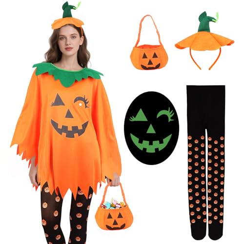 Kürbis Kostüm Damen,4pcs Glow in The Dark Halloween Kostüm Kürbis Lustig mit Haarreif & Süßigkeitentasche & Strumpfhose Set,Kürbiskostüm Erwachsene Pumpkin Costume Kürbiskleid Fasching Party Kürbis Kostüm Damen,4pcs Glow in The Dark Halloween Kostüm Kürbis Lustig mit Haarreif & Süßigkeitentasche & Strumpfhose Set,Kürbiskostüm Erwachsene Pumpkin Costume Kürbiskleid Fasching Party von KYOEOE