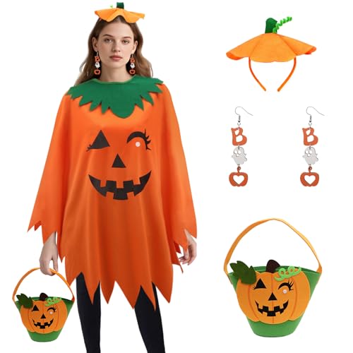 Lustig Kürbis Kostüm Damen Set,Halloween Kürbiskostüm Erwachsene mit Kürbis Haarreif & Süßigkeitentasche & BOOM Ohrringe,4pcs Damen Kürbiskostüm Frau Pumpkin Costume Kürbiskleid Fasching Party von KYOEOE