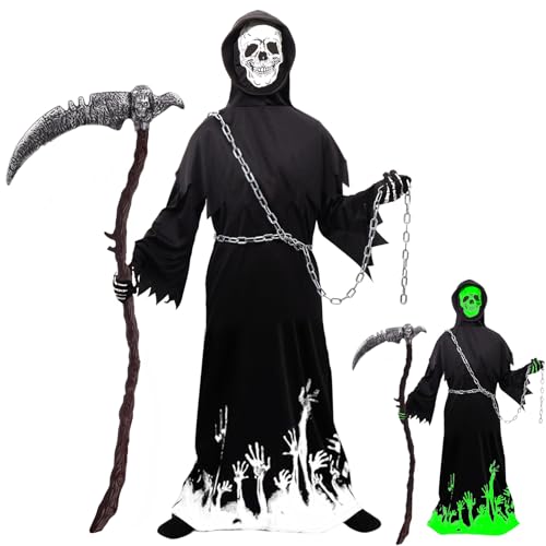 Sensenmann Kostüm Kinder mit Sense & Taillenkette,Deluxe Glow in The Dark Halloween Kostüm Jungen Sensenmann Gruselig Grim Reaper Costume für Halloween Karneval Fancy Dress(XL:12-15 Jahre) von KYOEOE