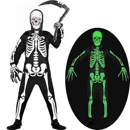 Skelett Kostüm Kinder Mit Geist Accessoire Set, Halloween Kostüm Leuchtet im Dunkeln für Jungen Mädchen, Sensenmann Grim Reaper Fancy Dress Up für Karneval Skelett Kostüm Kinder Mit Geist Accessoire Set, Halloween Kostüm Leuchtet im Dunkeln für Jungen Mädchen, Sensenmann Grim Reaper Fancy Dress Up für Karneval von KYOEOE