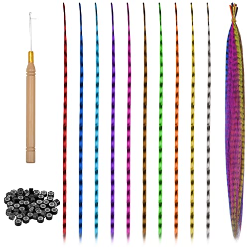 Haarverlängerungs Extensions Bunt, Haarverlängerungen, Strähnen Haarsträhnen Kit mit Werkzeug, Haarsträhnen Federn mit Silikonring und Häkchen für Mädchen Cosplay Party (A) von KYSUN