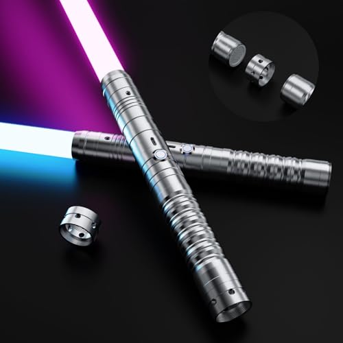 Laserschwert Kinder,RGB 15 Farben 2 in 1 Metallgriff Lichtschwert,Duell Lightsaber mit 4 Modi,USB-C Wiederaufladbar FX-Lichtschwerter für Kinder und Erwachsene, Halloween Cosplay (Silber 2pc) von KYWLCO