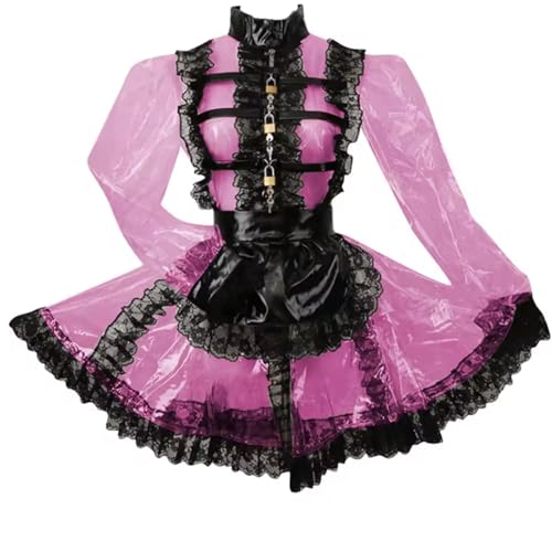 KYXSPINWARDPV Abschließbares Dienstmädchen-Outfit mit Front-Reißverschluss, Spitzenrüschen mit Schürze, hoher Halsausschnitt, PVC, Mini-Party-Uniform, Rosa, Größe XXL von KYXSPINWARDPV