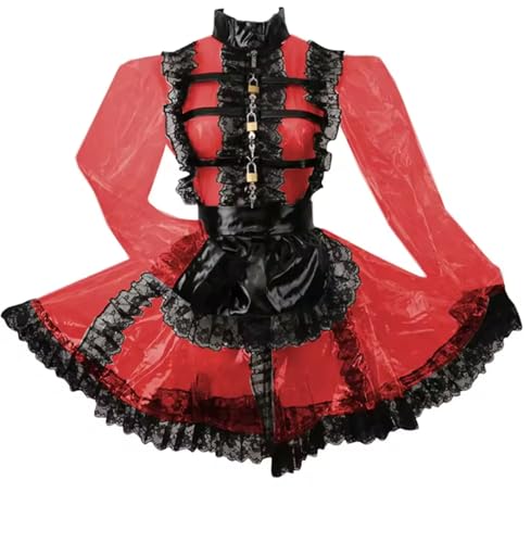 KYXSPINWARDPV Abschließbares Dienstmädchen-Outfit mit Front-Reißverschluss, Spitzenrüschen mit Schürze, hoher Halsausschnitt, PVC, Mini-Party-Uniform, Rot, Größe M von KYXSPINWARDPV