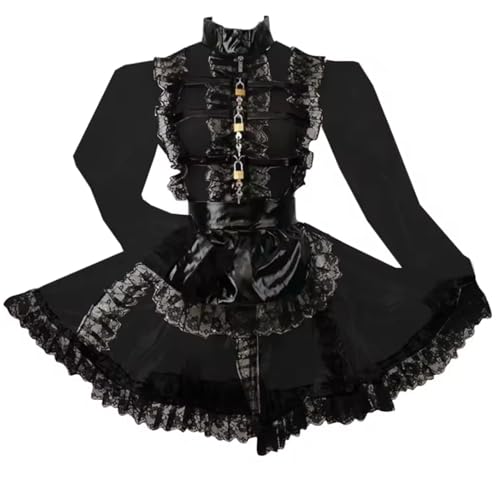 KYXSPINWARDPV Abschließbares Dienstmädchen-Outfit mit Front-Reißverschluss, Spitzenrüschen mit Schürze, hoher Halsausschnitt, PVC, Mini-Party-Uniform, Schwarz, Größe XXL von KYXSPINWARDPV