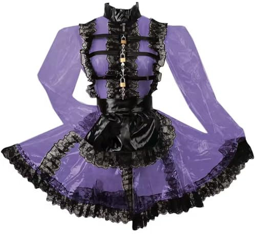 KYXSPINWARDPV Abschließbares Dienstmädchen-Outfit mit Reißverschluss vorne, schwarze Spitzenrüschen mit Schürze, hoher Halsausschnitt, PVC, Mini-Party-Uniform, personalisierbar, Lila, XXL von KYXSPINWARDPV
