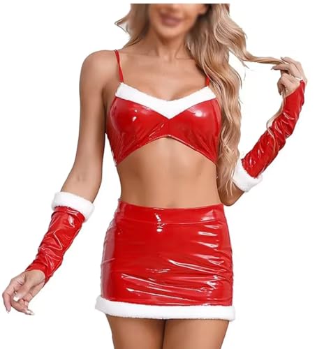 KYXSPINWARDPV Bauchnabel-Top für Damen, mit Riemen und Minirock, Handschuhe, schmale Passform, hohe Taille, PVC-Leder, Club-Kostüm, Rot, Größe 5XL von KYXSPINWARDPV