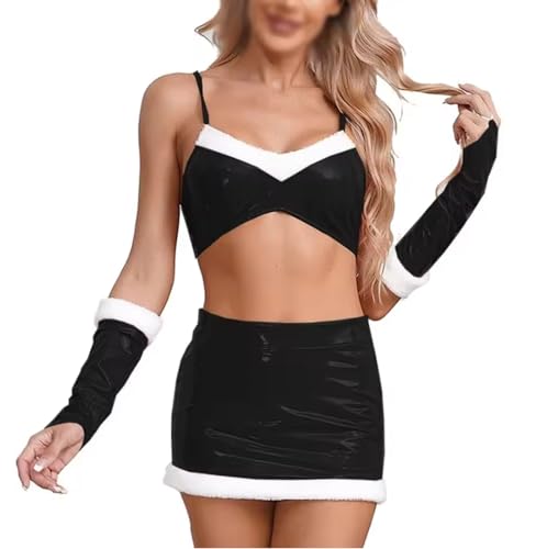 KYXSPINWARDPV Bauchnabel-Top für Damen, mit Riemen und Minirock, Handschuhe, schmale Passform, hohe Taille, PVC-Leder, Club-Kostüm, Schwarz, Größe XL von KYXSPINWARDPV