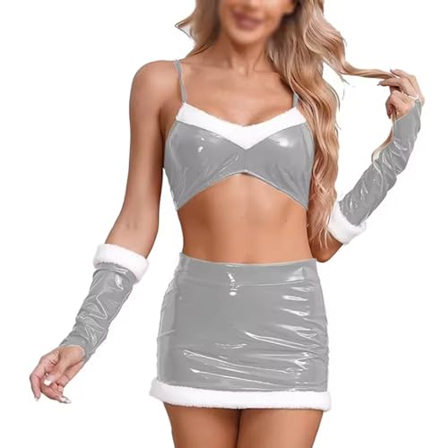 KYXSPINWARDPV Bauchnabeloberteil für Damen, mit Riemen und Minirock, Handschuhen, schmale Passform, hohe Taille, PVC-Leder, Club-Kostüm, Silber, Größe M von KYXSPINWARDPV