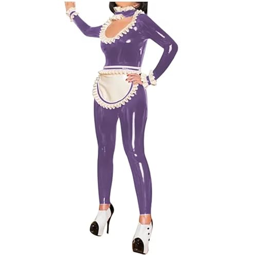 KYXSPINWARDPV Clubwear Jumpsuit mit Rüschen, Ausschnitt und Schürze, für Damen und Herren, PVC, Dienstmädchen-Uniformen, Cosplay-Kostüm, Anpassung, Dunkelviolett, 6XL KYXSPINWARDPV Clubwear Jumpsuit mit Rüschen, Ausschnitt und Schürze, für Damen und Herren, PVC, Dienstmädchen-Uniformen, Cosplay-Kostüm, Anpassung, Dunkelviolett, 6XL von KYXSPINWARDPV