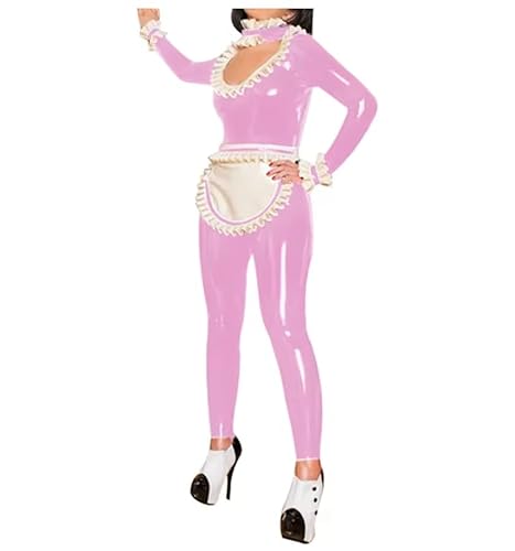 KYXSPINWARDPV Clubwear Jumpsuit mit Rüschen, Ausschnitt und Schürze, für Damen und Herren, PVC, Dienstmädchen-Uniformen, Cosplay-Kostüm, personalisierbar, Rosa, Größe XXL KYXSPINWARDPV Clubwear Jumpsuit mit Rüschen, Ausschnitt und Schürze, für Damen und Herren, PVC, Dienstmädchen-Uniformen, Cosplay-Kostüm, personalisierbar, Rosa, Größe XXL von KYXSPINWARDPV