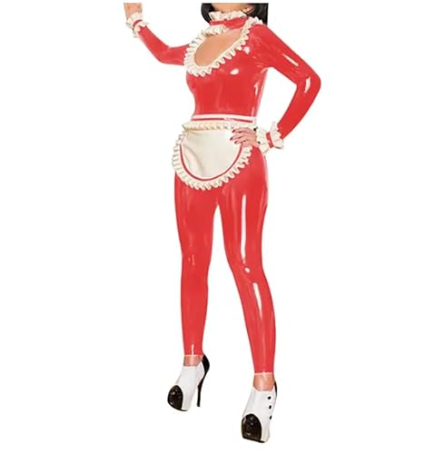 KYXSPINWARDPV Clubwear Jumpsuit mit Rüschen, Ausschnitt und Schürze, für Damen und Herren, PVC, Dienstmädchen-Uniformen, Cosplay-Kostüm, personalisierbar, Rot, Größe 3XL KYXSPINWARDPV Clubwear Jumpsuit mit Rüschen, Ausschnitt und Schürze, für Damen und Herren, PVC, Dienstmädchen-Uniformen, Cosplay-Kostüm, personalisierbar, Rot, Größe 3XL von KYXSPINWARDPV