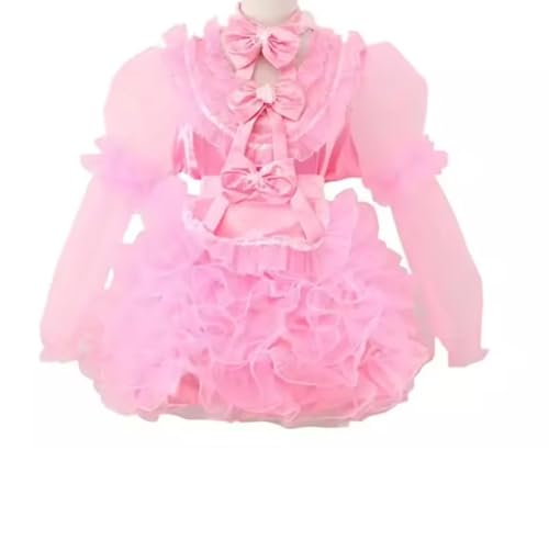 KYXSPINWARDPV French Maid Sissy Satin, abschließbar, flauschiges Kleid, Cosplay, Kostüm, Halloween, Party, personalisierbar, Rosa, XXL von KYXSPINWARDPV