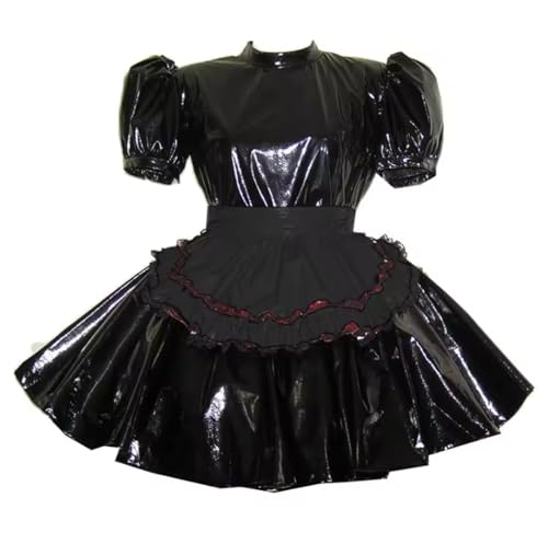 KYXSPINWARDPV Lolita-Schürze mit Stehkragen, Sissy, Party, Cosplay, PVC-Leder, Dienstmädchenkleid-Set, Schwarz, Größe 4XL von KYXSPINWARDPV
