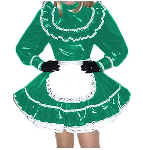 KYXSPINWARDPV Sissy Dienstmädchenkleid mit hohem Halsausschnitt und Schürze, Cosplay-Kostüm-Set, lange Ärmel, PVC-Leder, Dienstmädchen, Uniformen, Pfauengrün, XXL von KYXSPINWARDPV