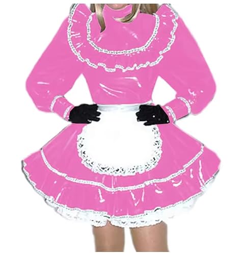 KYXSPINWARDPV Sissy Dienstmädchenkleid mit hohem Halsausschnitt und Schürze, Cosplay-Kostüm-Set, lange Ärmel, PVC-Leder, Dienstmädchen, Uniformen, Rosa, XXL von KYXSPINWARDPV