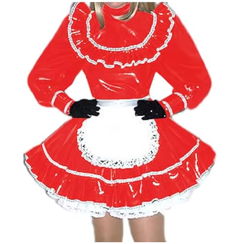 KYXSPINWARDPV Sissy Dienstmädchenkleid mit hohem Halsausschnitt und Schürze, Cosplay-Kostüm-Set, lange Ärmel, PVC-Leder, Dienstmädchen, Uniformen, Rot, Größe 4XL von KYXSPINWARDPV