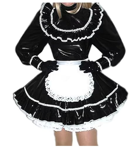 KYXSPINWARDPV Sissy Dienstmädchenkleid mit hohem Halsausschnitt und Schürze, Cosplay-Kostüm-Set, lange Ärmel, PVC-Leder, Dienstmädchen, Uniformen, Schwarz, Größe M von KYXSPINWARDPV