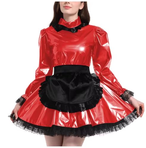 KYXSPINWARDPV Sissy Lolita Cosplay-Kleid aus PVC-Leder, langärmelig, Schürze, Karneval, Halloween, Dienstmädchenuniformen, Rot, Größe M KYXSPINWARDPV Sissy Lolita Cosplay-Kleid aus PVC-Leder, langärmelig, Schürze, Karneval, Halloween, Dienstmädchenuniformen, Rot, Größe M von KYXSPINWARDPV