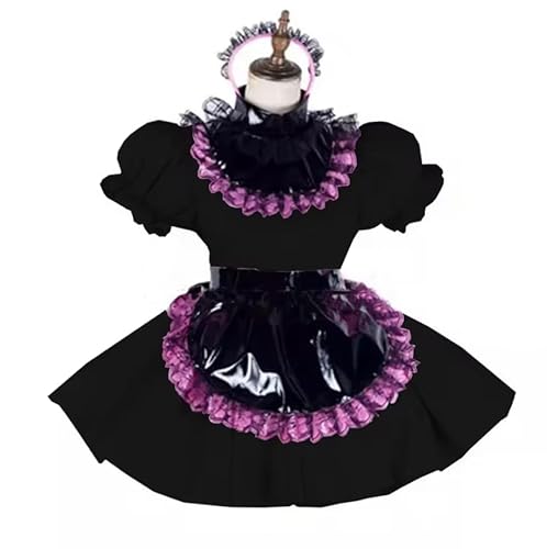 KYXSPINWARDPV Sissy Minikleid mit Rollkragen aus PVC-Leder, abschließbar, mit schwarzer Schürze, Cosplay-Kostüm, Dienstmädchen-Uniform, Schwarz, Größe L von KYXSPINWARDPV