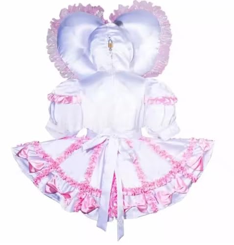 KYXSPINWARDPV Sissy Weißes Satin-Cosplay-Outfit für Erwachsene, mit Hut, abschließbar, anpassbar für Halloween-Partys, Damen, Weiß/Rosa, Größe L von KYXSPINWARDPV