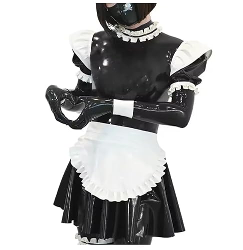 KYXSPINWARDPV Wetlook Crossdressing Hausmeister Uniformen Sissy Halloween Kostüme Anime Cosplay Langarm PVC Lolita Hausfrau Kleid Kleidung Anpassung, schwarz, 5XL von KYXSPINWARDPV