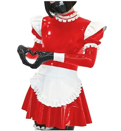 KYXSPINWARDPV Wetlook Crossdressing Kellnerin Uniformen Sissy Halloween Kostüme Anime Cosplay Langarm PVC Lolita Kellnerin Kleider Personalisiert, Rot, 7XL von KYXSPINWARDPV