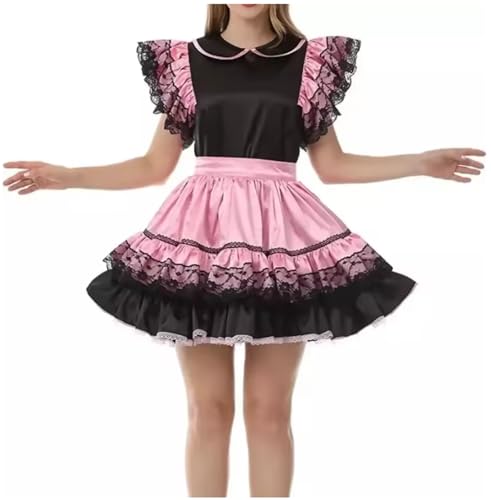 Sissy schwarzes und rosafarbenes Satinkleid, Dienstmädchen, Cosplay, Kostüm, Karneval, Weihnachten, Set, personalisierbar, Schwarz und Rosa, Größe S von KYXSPINWARDPV