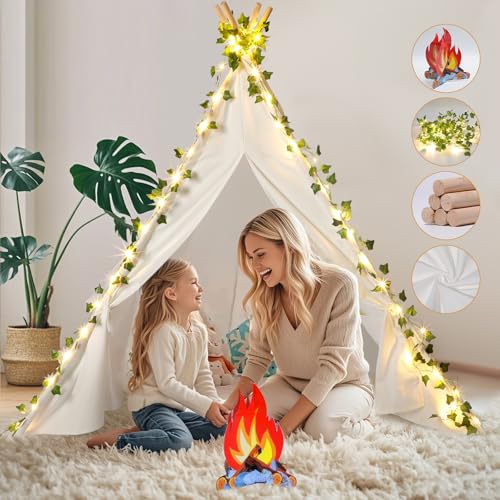 Kinder Tipi Zelt 64 Zoll Spielhaus mit LED Rankenlichtern, 3D Lagerfeuer, 100% Baumwolle Canvas, Stabile Massivholzstangen Gewindeverbinder & Fixer, Indoor/Outdoor Geschenk für Jungen Mädchen von KYYRAX