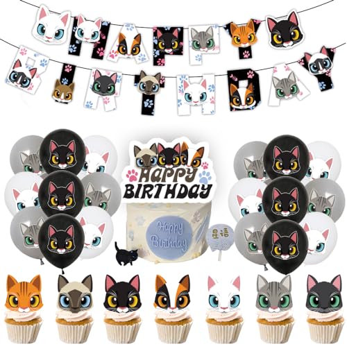 Cat Party Decorations, Katze Luftballons Katze Cupcake Toppers Cartoon Cat Ballons Tiere Happy Birthday Banner für Kinder Cat Geburtstag Dekoration Set von KaMnik