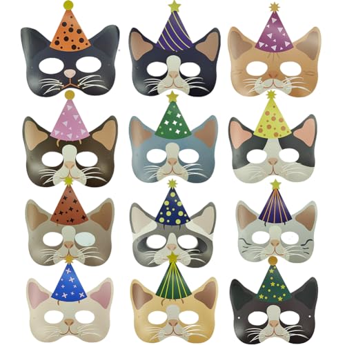Tiermasken für Kinder,12 Stück Katzenmaske Filzmaterial Tier Party masken Katzen Mask Tiermasken für Geburtstag Deko Maske zum Ausmalen Kinder Cosplay Maske Thema Partyzubehör von KaMnik