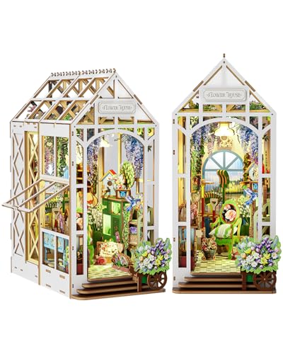 DIY Book Nook Kit,3D Holzpuzzle Miniatur Booknook Bücherregal Dekor mit LED-Beleuchtung,Bastelset Erwachsene,DIY Puppenhaus Holz Haus Kit(Blumenhaus) von KaayeeWood