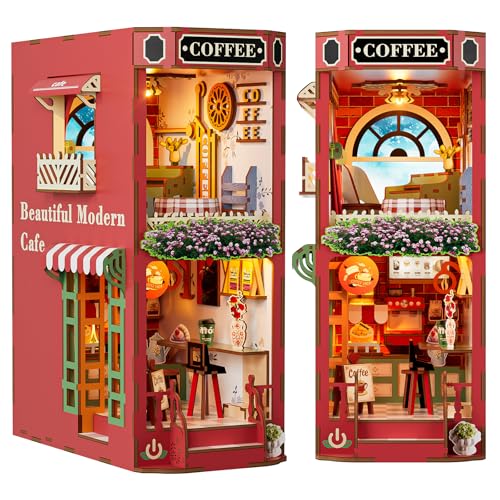 DIY Book Nook Kit,3D Holzpuzzle Miniatur Booknook Bücherregal Dekor mit LED-Beleuchtung,Bastelset Erwachsene,DIY Puppenhaus Holz Haus Kit(Kaffeehaus) von KaayeeWood