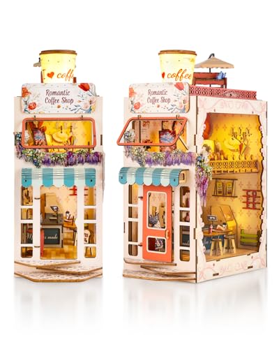 DIY Book Nook Kit,3D Holzpuzzle Miniatur Booknook Bücherregal Dekor mit LED-Beleuchtung,Bastelset Erwachsene,DIY Puppenhaus Holz Haus Kit(Romantisches Café) von KaayeeWood