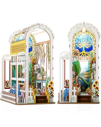 DIY Book Nook Kit,3D Holzpuzzle Miniatur Booknook Bücherregal Dekor mit LED-Beleuchtung,Bastelset Erwachsene,DIY Puppenhaus Holz Haus Kit(Schaukel Garten) von KaayeeWood