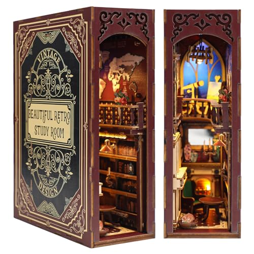 DIY Book Nook Kit,3D Holzpuzzle Miniatur Booknook Bücherregal Dekor mit LED-Beleuchtung,Bastelset Erwachsene,DIY Puppenhaus Holz Haus Kit(Schönes Retro-Arbeitszimmer) von KaayeeWood