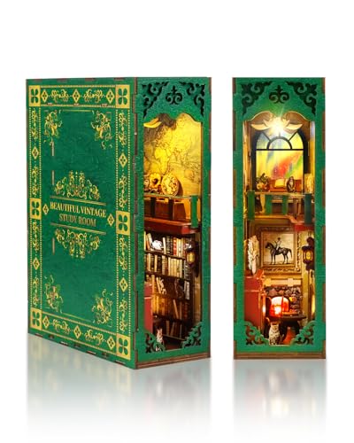 DIY Book Nook Kit,3D Holzpuzzle Miniatur Booknook Bücherregal Dekor mit LED-Beleuchtung,Bastelset Erwachsene,DIY Puppenhaus Holz Haus Kit(Vintage Arbeitszimmer) von KaayeeWood