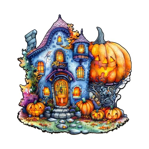 KaayeeWood Holzpuzzle Erwachsene, Halloween Kürbishaus-2 Holzpuzzle, Einzigartige Wooden Puzzle Mit Geschenkbox,Halloween Deko,Geschenk(195 Stück,29 * 27.7cm) von KaayeeWood