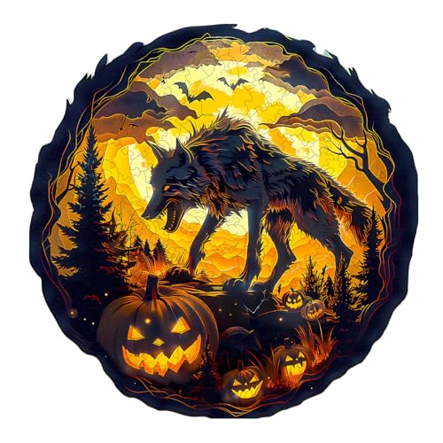KaayeeWood Holzpuzzle Erwachsene, Halloween Wolf Holzpuzzle, Einzigartige Wooden Puzzle Mit Geschenkbox,Halloween Deko,Geschenk(200 Stück,29 * 28.4cm) von KaayeeWood