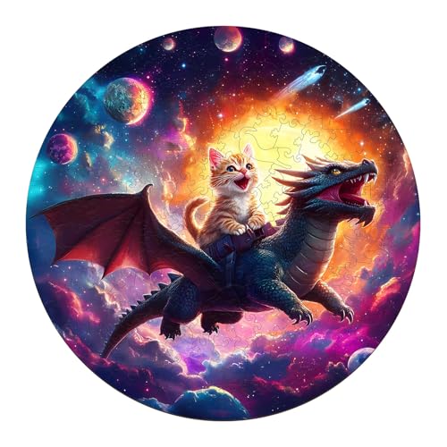 KaayeeWood Holzpuzzle Erwachsene, Kätzchen Reitet Drache Holzpuzzle, Einzigartige Wooden Puzzle Mit Geschenkbox, Geschenke für Kinder und Erwachsene(34 * 34cm-300 Stück) von KaayeeWood