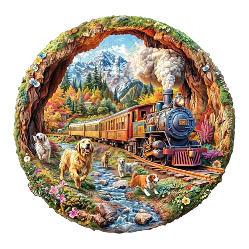 KaayeeWood Holzpuzzle Erwachsene,285 Teile 3D Vision Effekt Hunde und Züge Holz Puzzle,Einzigartige Wooden Puzzle Mit Box Aus Holz Geburtstagsgeschenk für Erwachsene und Kinder von KaayeeWood