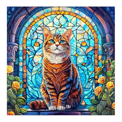 KaayeeWood Holzpuzzle Erwachsene,300 Teile Buntglas Katze Holz Puzzle,Einzigartige Wooden Puzzle Mit Box Aus Holz Geburtstagsgeschenk für Erwachsene und Kinder von KaayeeWood