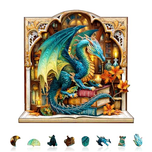 KaayeeWood Holzpuzzle Erwachsene,Bücherregal Dragon,Einzigartige Wooden Puzzle Mit Geschenkbox,Geschenke für Kinder und Erwachsene(100 Stück,21 * 20.5cm) von KaayeeWood