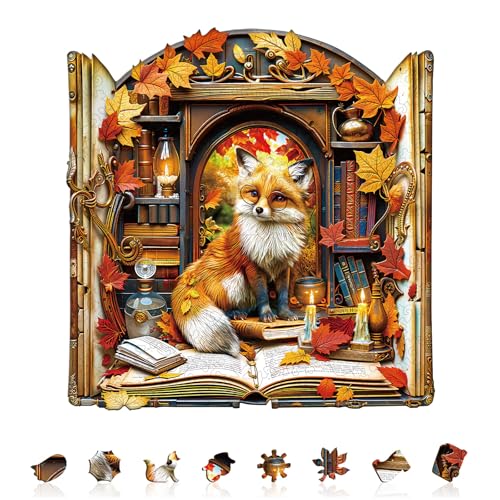 KaayeeWood Holzpuzzle Erwachsene,Bücherregal Fox,Einzigartige Wooden Puzzle Mit Geschenkbox,Geschenke für Kinder und Erwachsene(280 Stück,32 * 30.9cm) von KaayeeWood