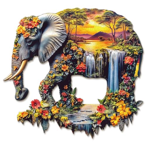 KaayeeWood Holzpuzzle Erwachsene,Elefantenparadies Holzpuzzle,Einzigartige Wooden Puzzle Mit Geschenkbox,Geschenke für Kinder und Erwachsene(197 Stück,29 * 27.1cm) von KaayeeWood